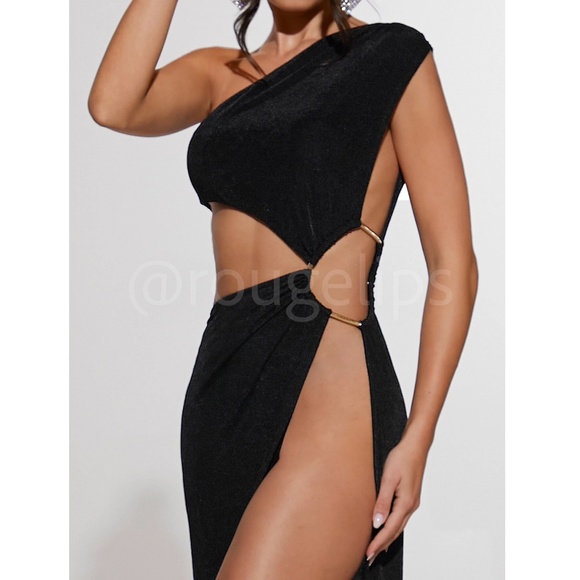 Black Cutout Asymmetrical Dress One Shoulder Open Side Gold Rope Detail - Picture 6 of 16